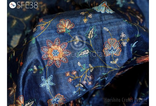 Blue Pure Tussar Silk Embroidered Fabric by the yard Indian Embroidery Raw Silk Wild Natural Handmade Fabric Peace Silk Tussah Dress Material